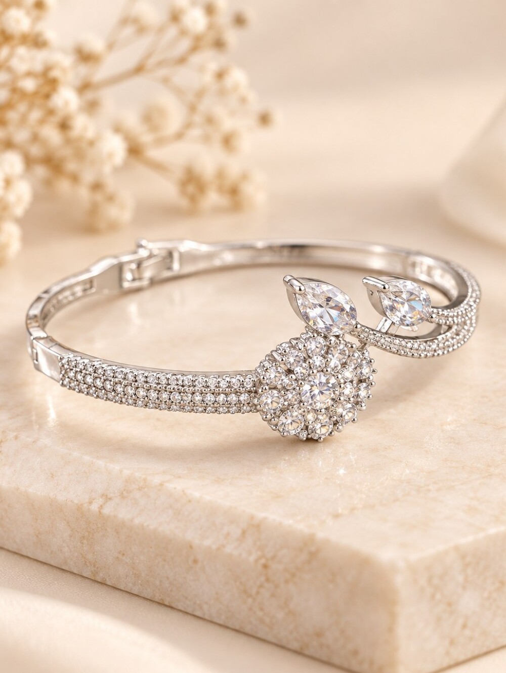 Silver American Diamond Openable Bracelet | Elegant CZ Bangle Jewelry